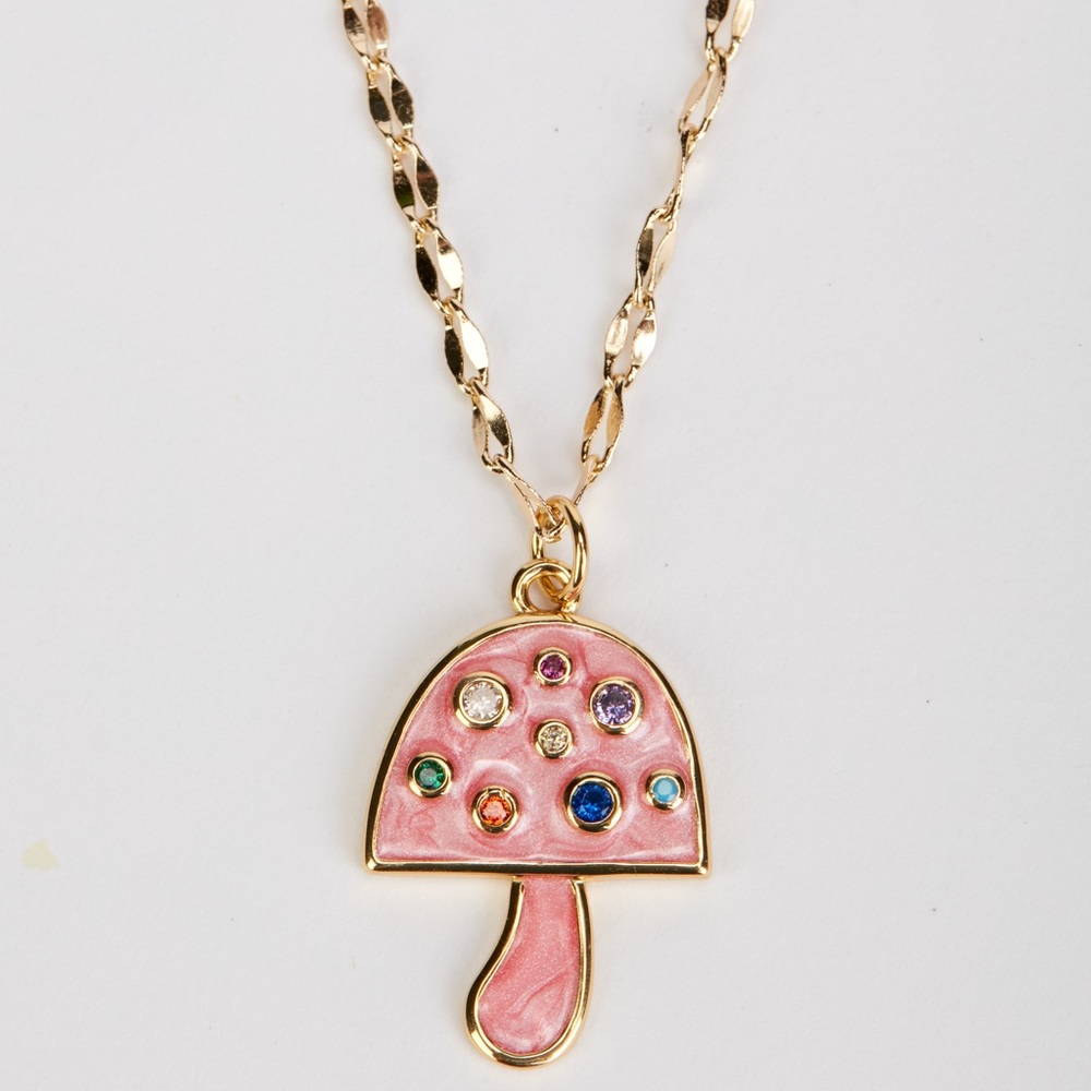 COPY - 18K Gold Filled Pink Enamel Mushroom Pendant Necklace